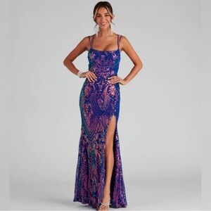 Windsor Vibrant Blue and Purple Sequin Maxi Prom Dress